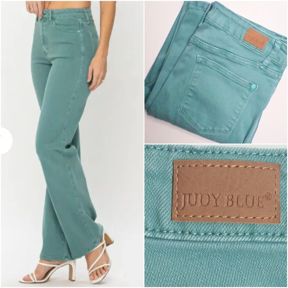 Judy Blue Sz 9 High-waisted Straight Leg Jeans Sea Green Garment Dyed - Stretch